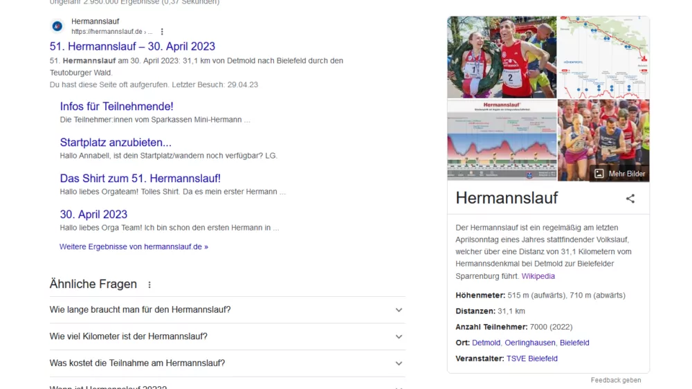 Google Knowledge Graph zum Hermannslauf am 07.05.2023, zu sehen am rechten Rand. Die Daten von diesem Knowledge Graph stammen aus der Wikipedia.