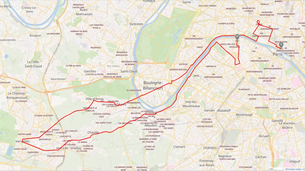 Streckenplan im Vollbildmodus des Marathons bei den Olympischen Spielen 2024 in Paris, so wie dieser aus der Infobox heraus aufgerufen werden kann.