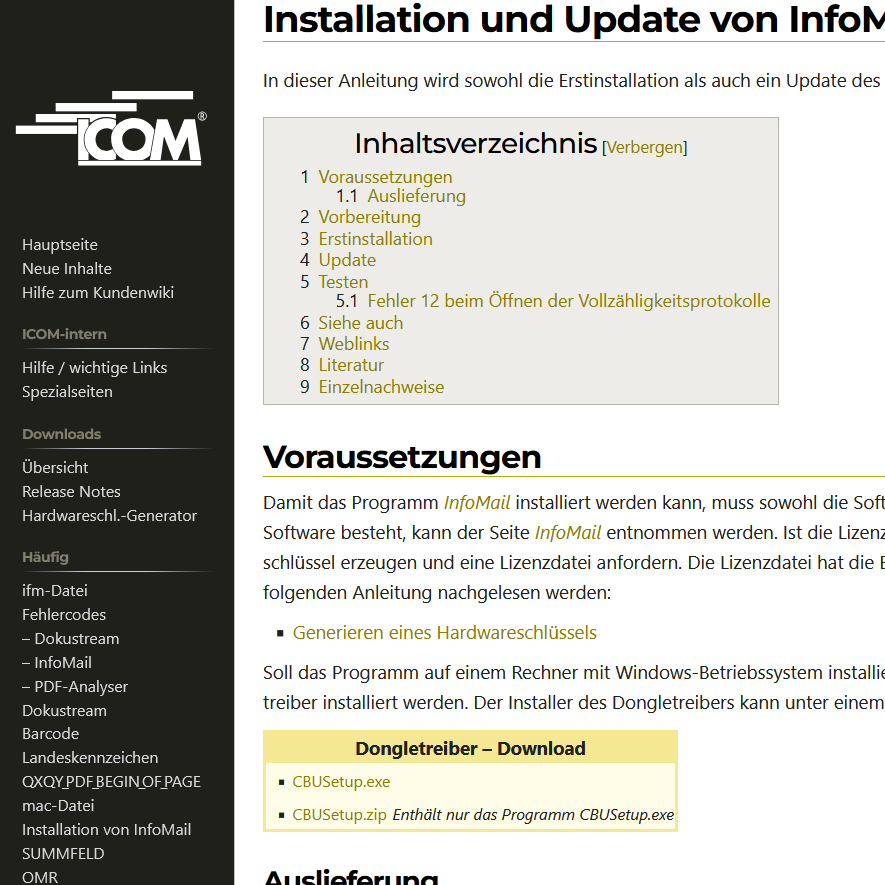 Beispielseite aus dem Wiki, welches für die Dokumentation unserer Software genutzt wird.