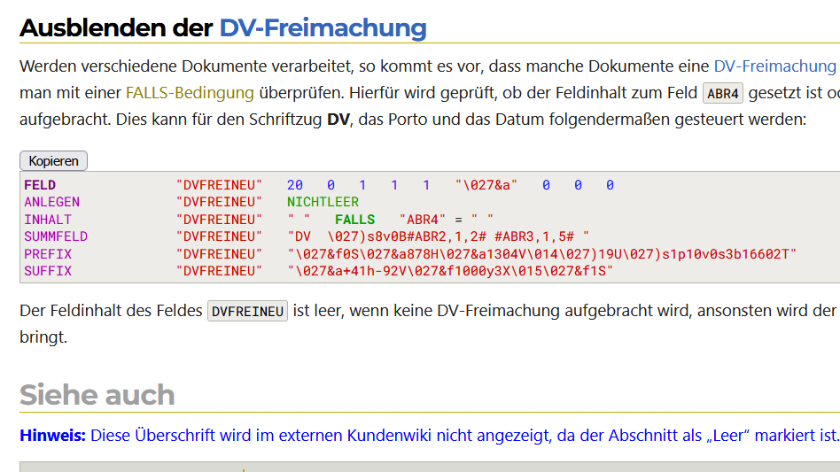 Beispiel eines Abschnittes mit Quellcode mit automatischer Syntaxhervorhebung. Die Schlüsselwörter werden über ein eigenes Java-Script hervorgehoben und automatisch zur entsprechenden Seite im Wiki verlinkt.
